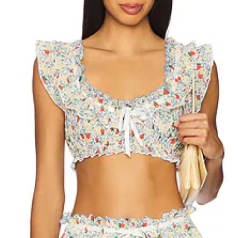 For Love & Lemons White Floral Strawberry Ruffle Crop Top - Picture 4 of 4